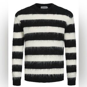 OXKNIT Men’s Small Striped Plush Sweater Black White Fuzzy Wool Grunge Knit